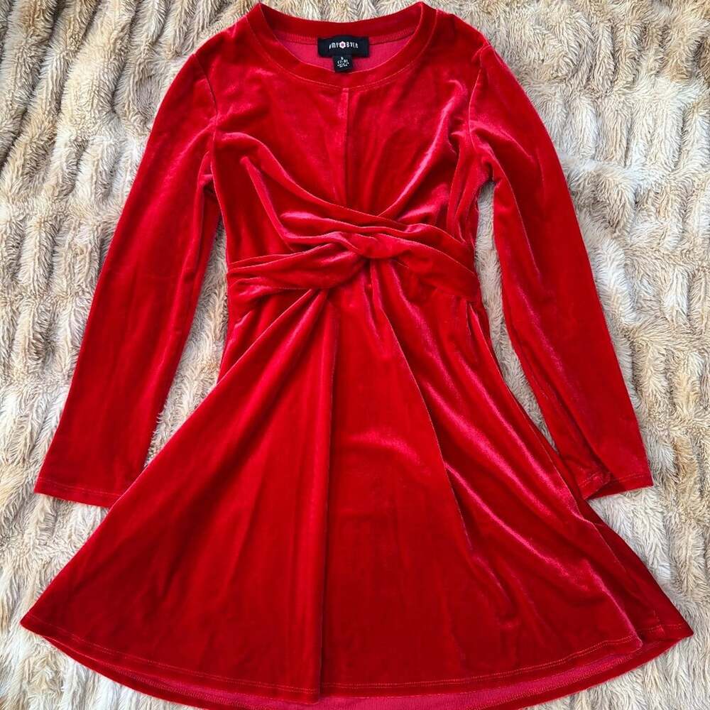 Amy Byer Girls Red Velvet Dress Long Sleeve Twist Front Holiday Size S 7-8